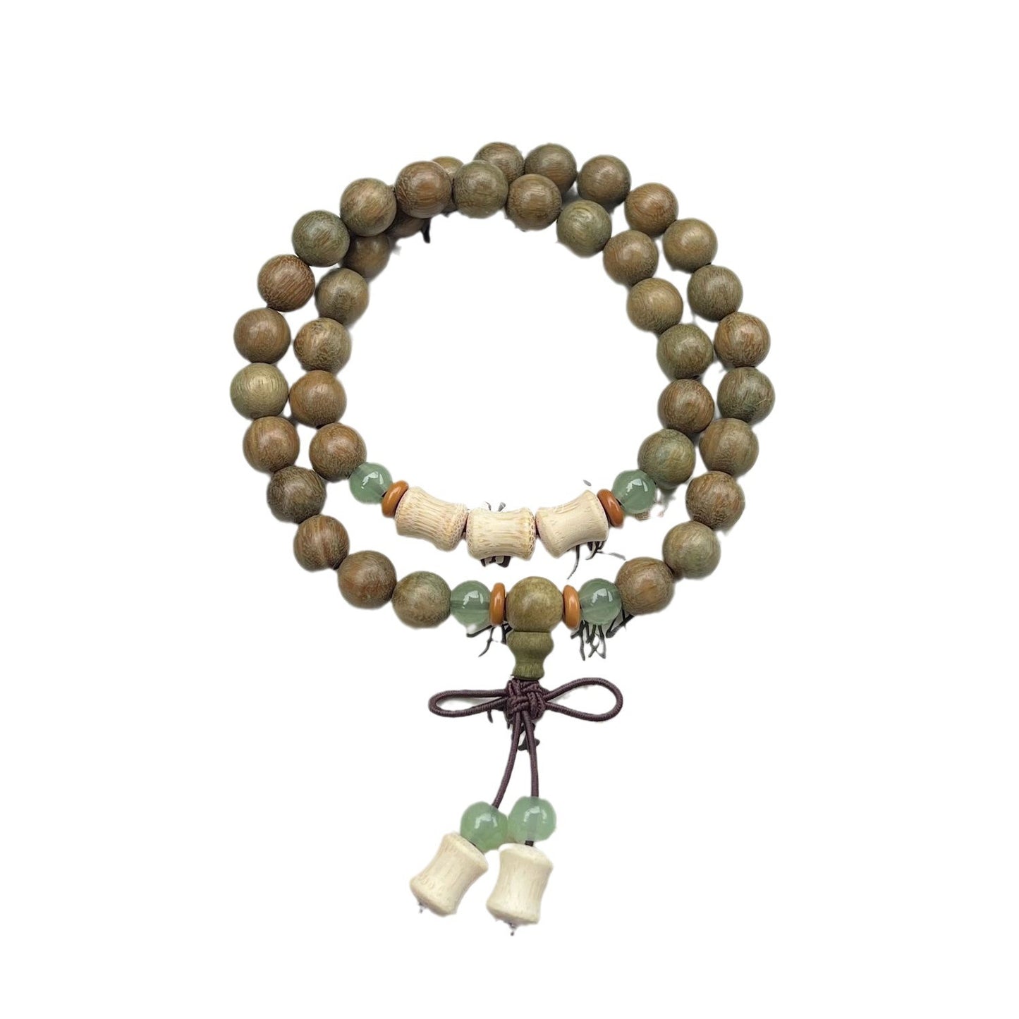 "Neo-Chinese Double-Wrap Green Sandalwood Beaded Bracelet for Women – Vintage Bestseller, Golden Bamboo Joint Buddhist Prayer Beads Cultural Wristband"
