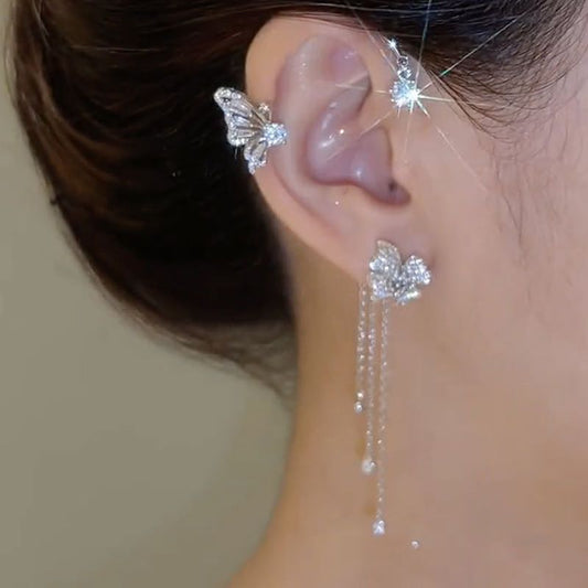 "Ethereal Butterfly Tassel Zircon No-Piercing Ear Cuff – Minimalist Luxury Ear Bone Clip, Dreamy High-End Earrings for Women"