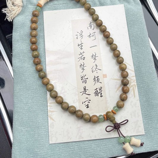 "Neo-Chinese Double-Wrap Green Sandalwood Beaded Bracelet for Women – Vintage Bestseller, Golden Bamboo Joint Buddhist Prayer Beads Cultural Wristband"