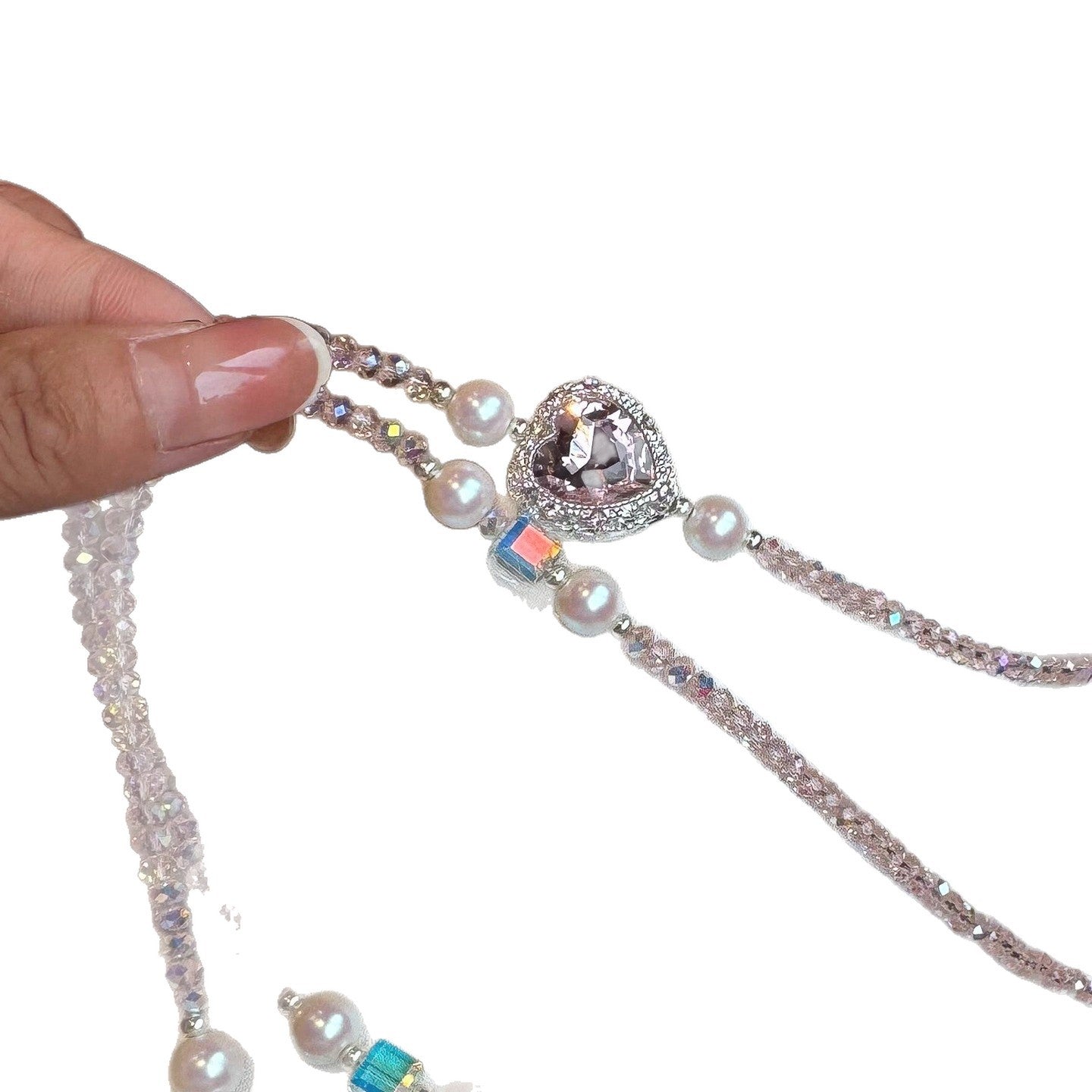 "Premium White Heart Bead Crossbody Phone Strap – Adjustable Luxe Phone Chain & Wearable Heart Necklace"
