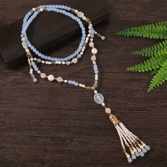 "Ming-Dynasty Inspired Blue Back Cloud Tassel Pendant Necklace – Neo-Chinese Horse-Face Skirt Accessory, Chinese Vintage-Style Soft Yingluo for Hanfu"