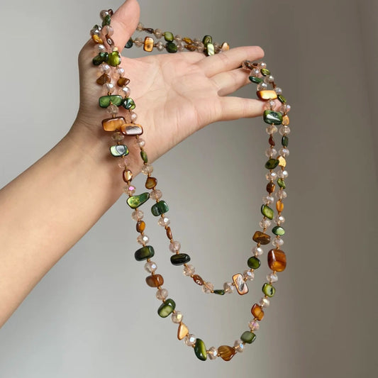 "Vintage Bohemian Colorful Shell Bead Double-Layer Long Necklace - Retro Luxury Resort-Style Stackable Jewelry"