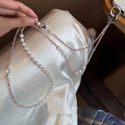 "Premium White Heart Bead Crossbody Phone Strap – Adjustable Luxe Phone Chain & Wearable Heart Necklace"